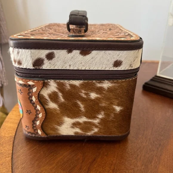 real cow hide and tooled leather jewelry box - brand new